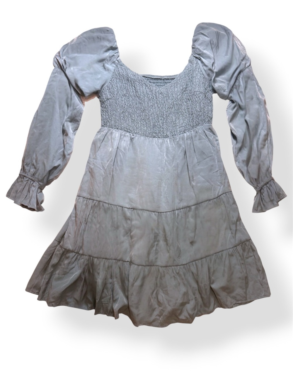 Smocked Puff Sleeve Tiered Mini Dress - Light Gray / Blue